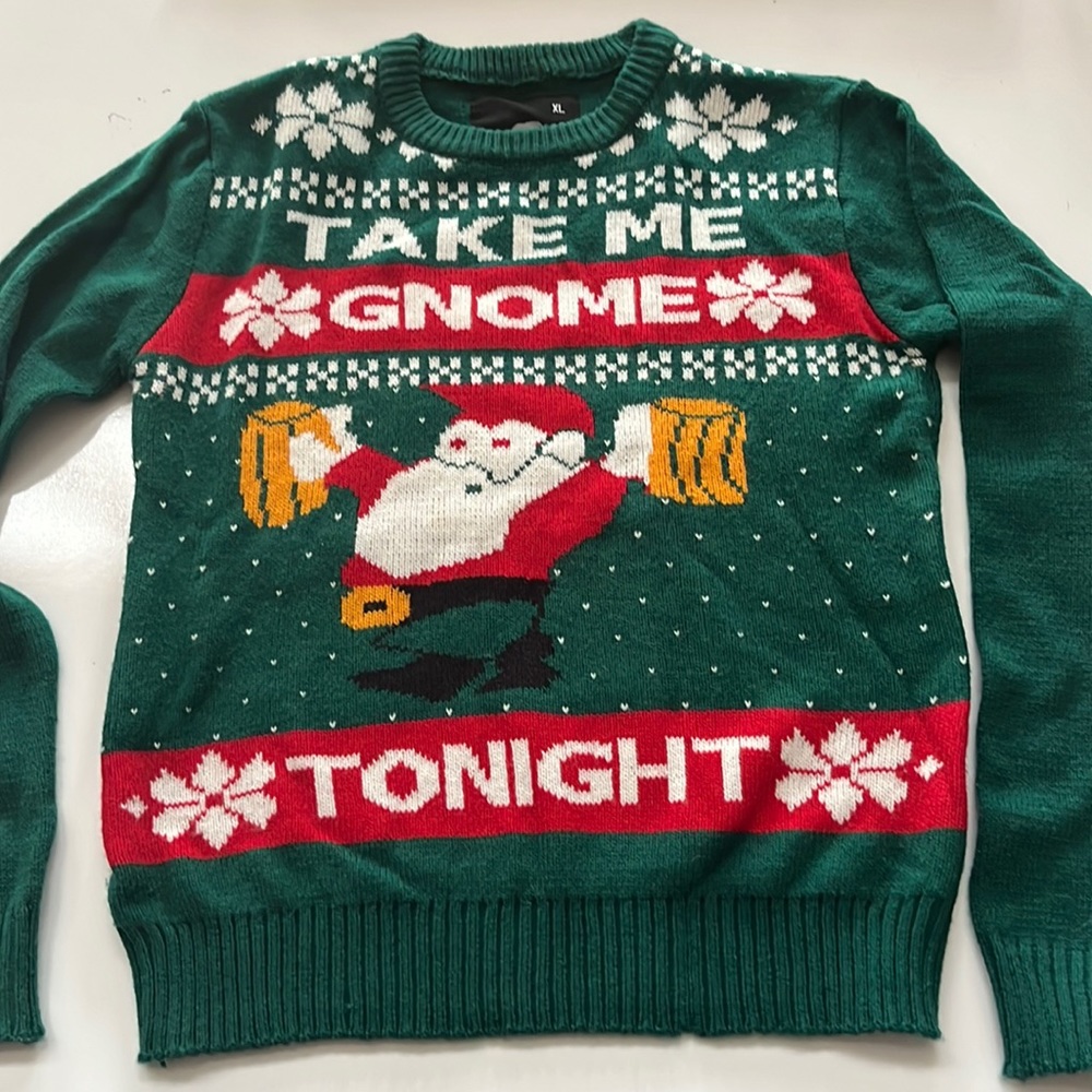 Ugly Sweater Christmas Holiday Party Gnome ‘Take Me Gnome Tonight’ Beer Men’s XL
